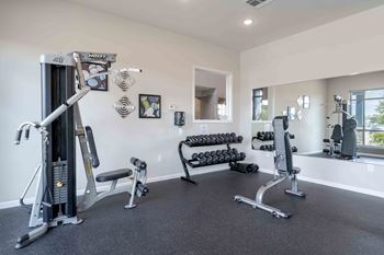 A spacious home gym with a variety of equipment including a treadmill, weights, and exercise machines.